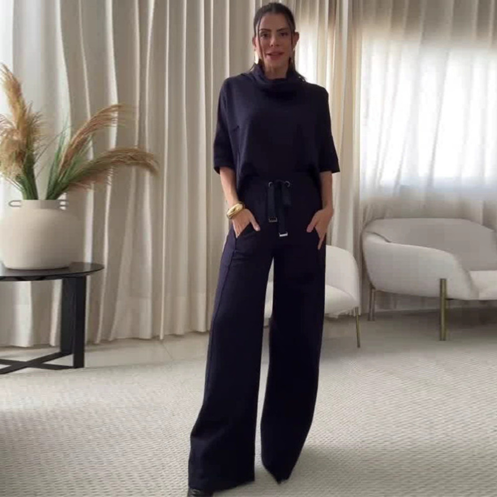Forever 21 Summer Mock Neck Half Sleeve Dark Blue Pants Set